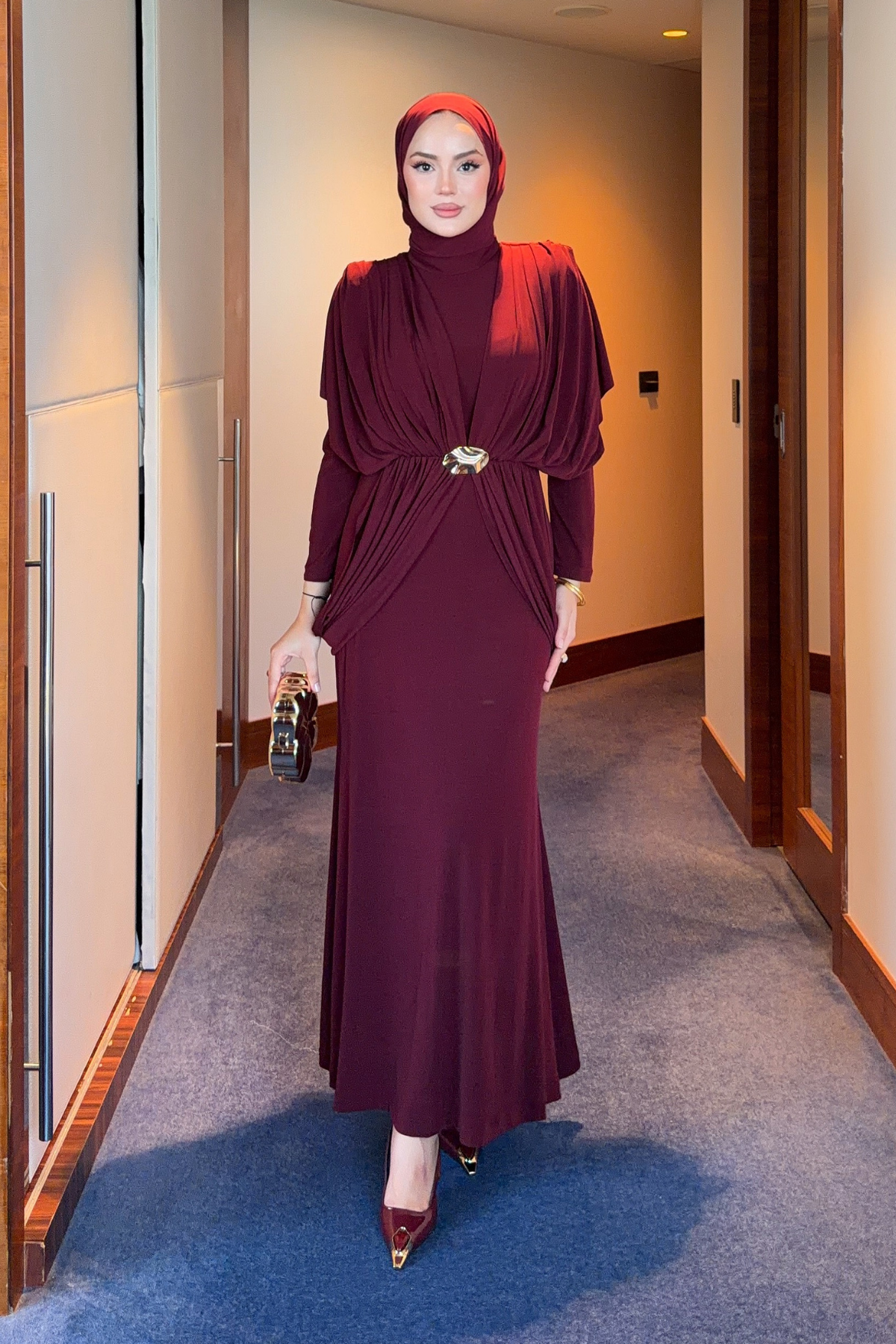 Draped Maxi Dress with High Neck and Decorative Buckle — Bordo