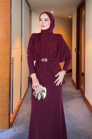 Draped Maxi Dress with High Neck and Decorative Buckle — Bordo