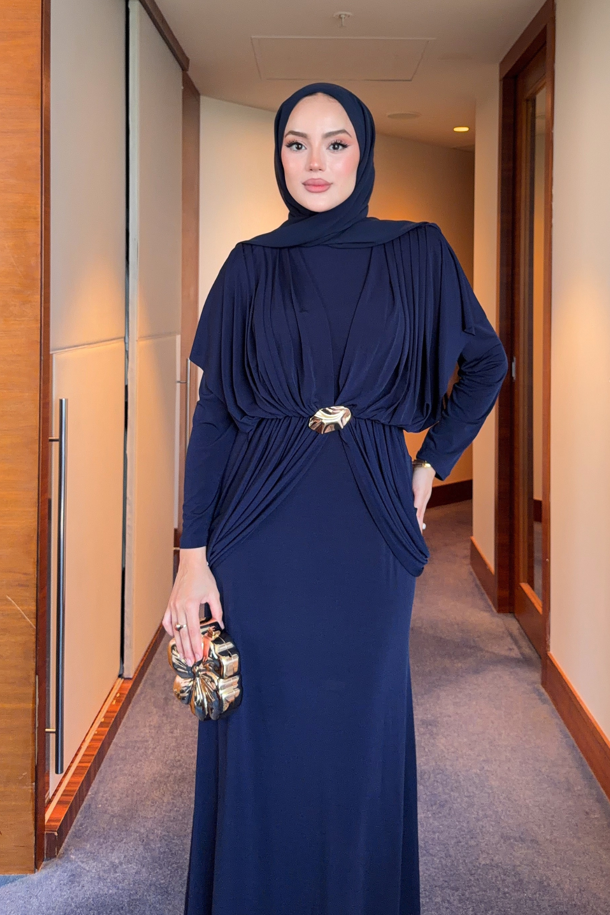 Draped Maxi Dress with High Neck and Decorative Buckle — Lacivert