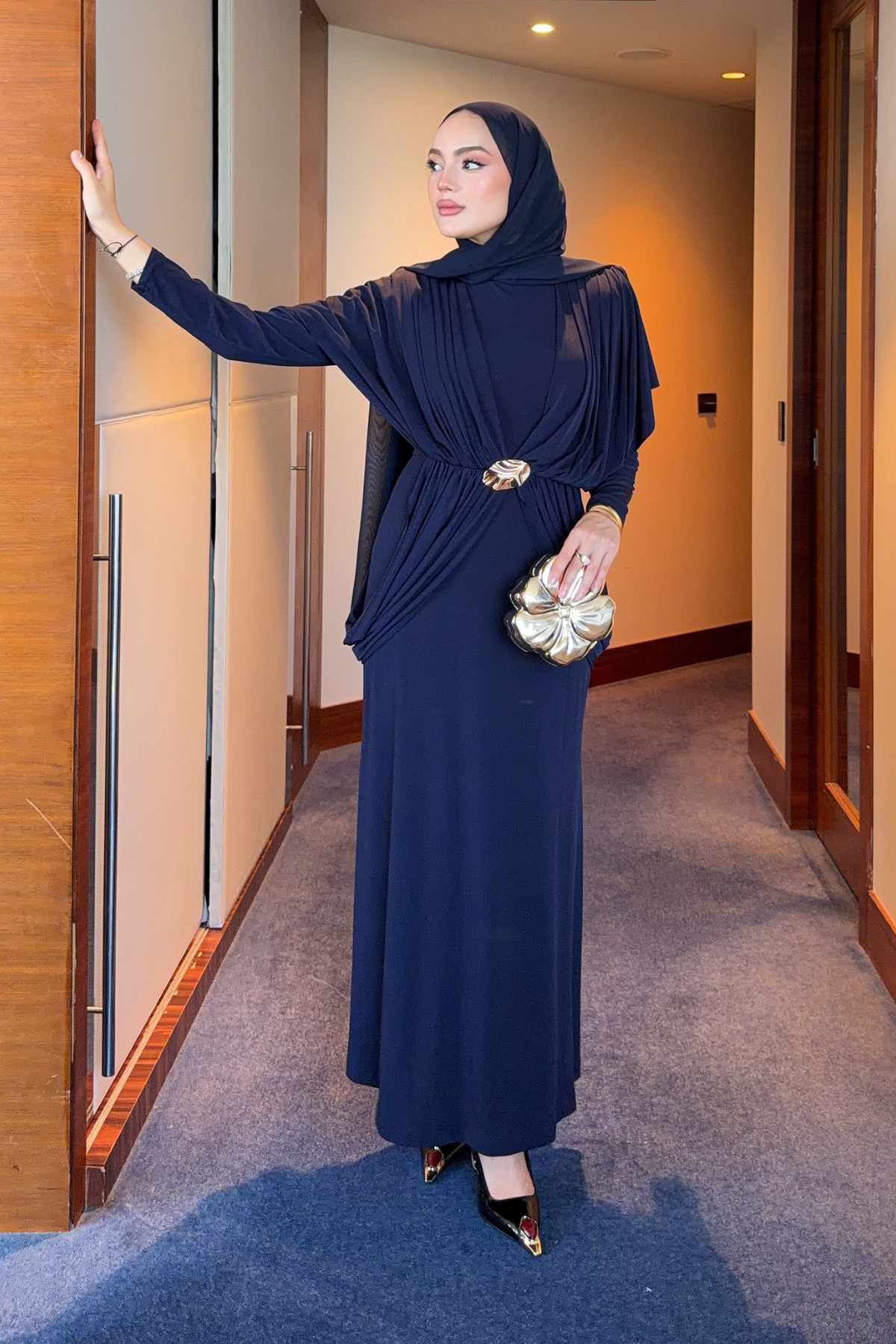 Draped Maxi Dress with High Neck and Decorative Buckle — Lacivert