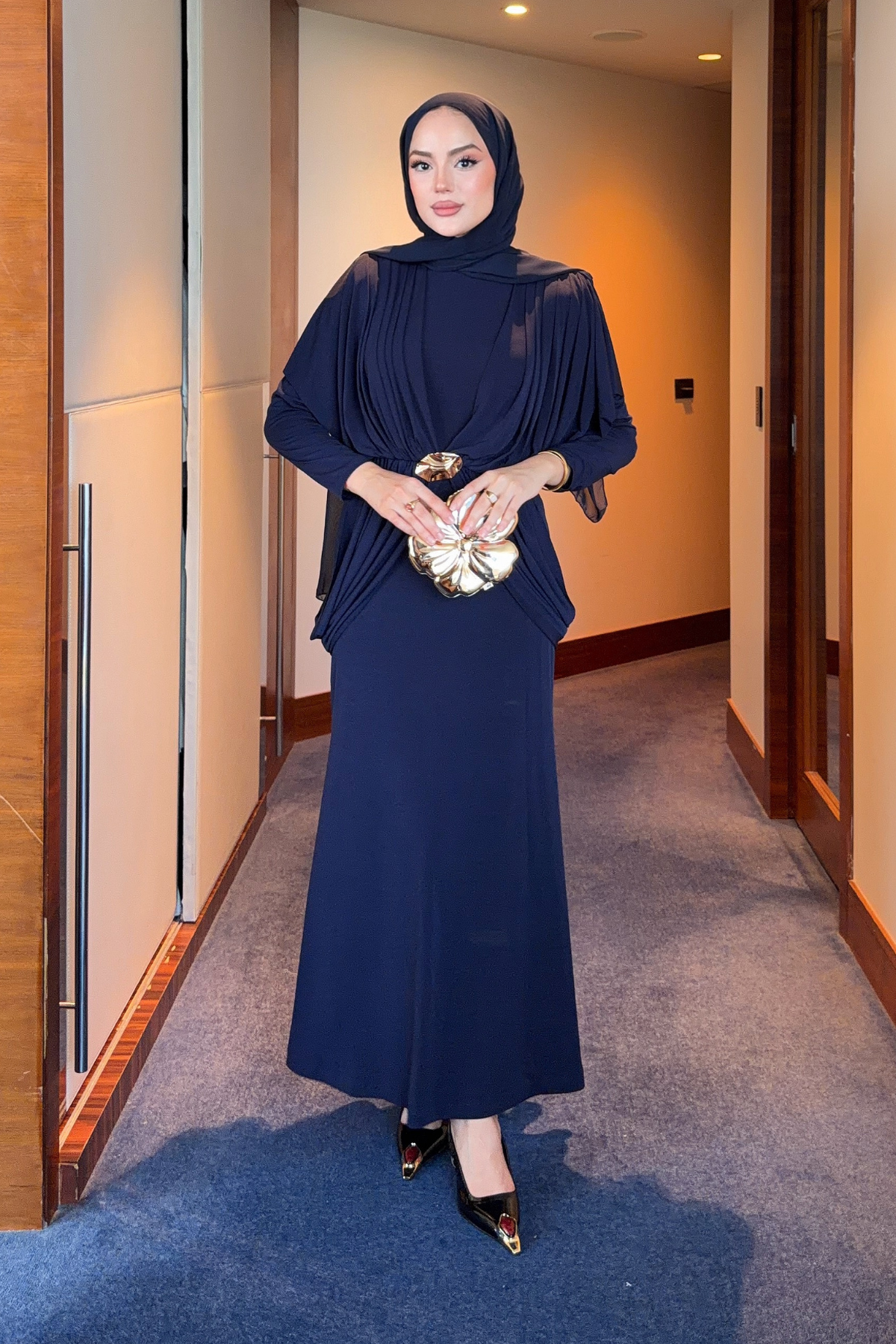 Draped Maxi Dress with High Neck and Decorative Buckle — Lacivert