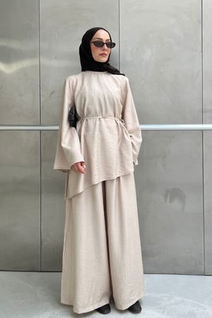 Asymmetric Tunic Top & Wide-Leg Trousers Set — Bej