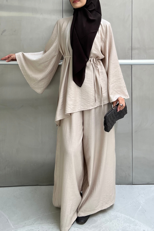 Asymmetric Tunic Top & Wide-Leg Trousers Set — Bej