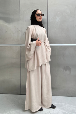 Asymmetric Tunic Top & Wide-Leg Trousers Set — Bej