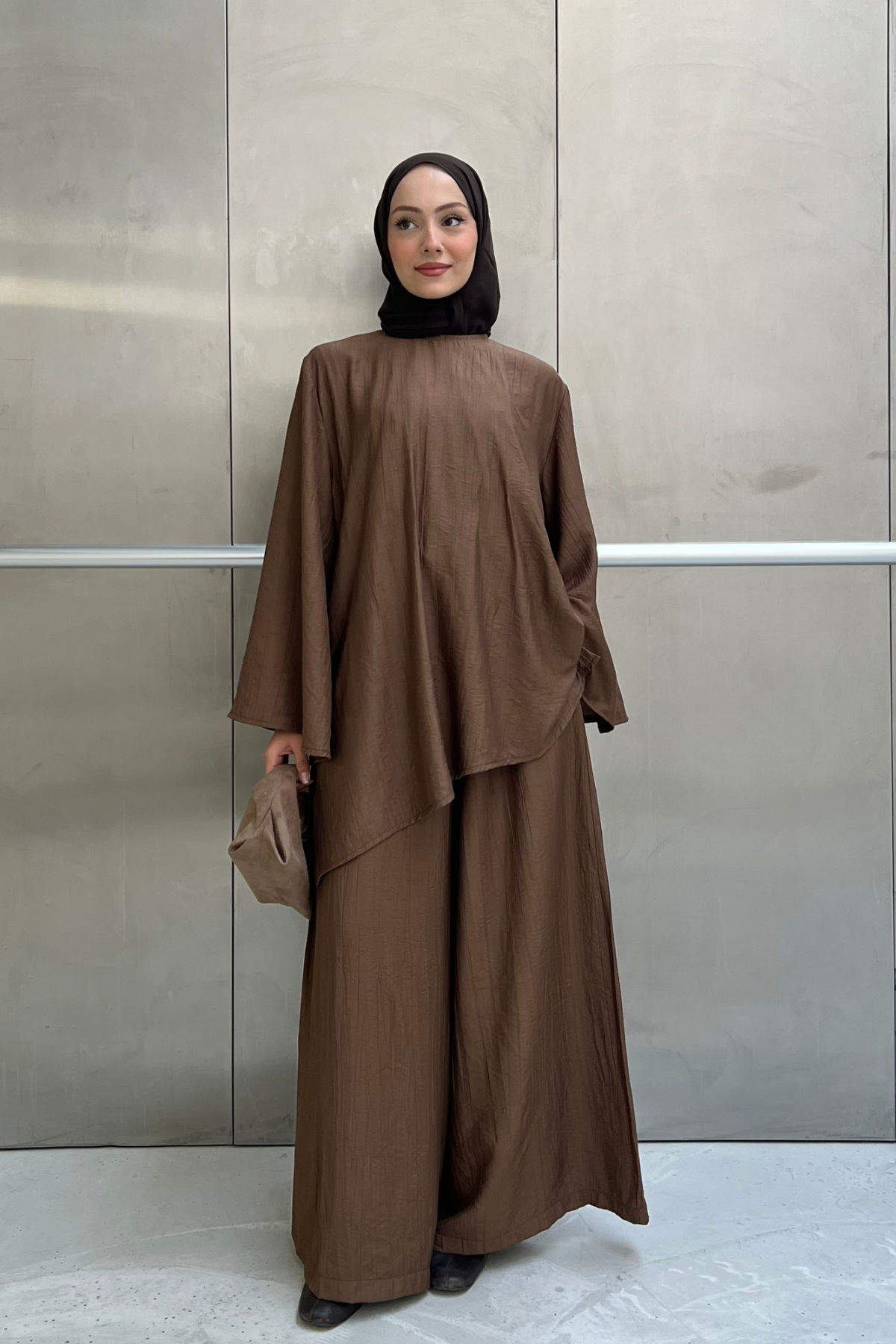 Asymmetric Tunic Top & Wide-Leg Trousers Set — Kahve