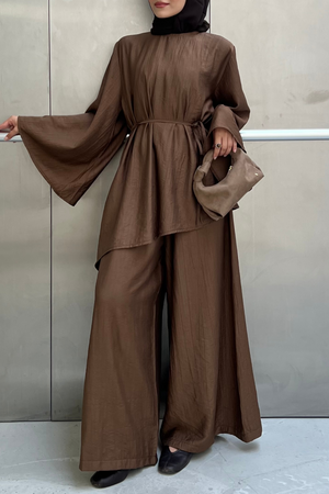 Asymmetric Tunic Top & Wide-Leg Trousers Set — Kahve