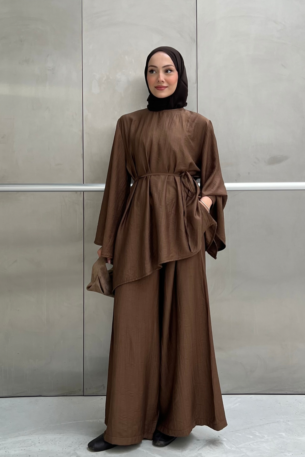 Asymmetric Tunic Top & Wide-Leg Trousers Set — Kahve