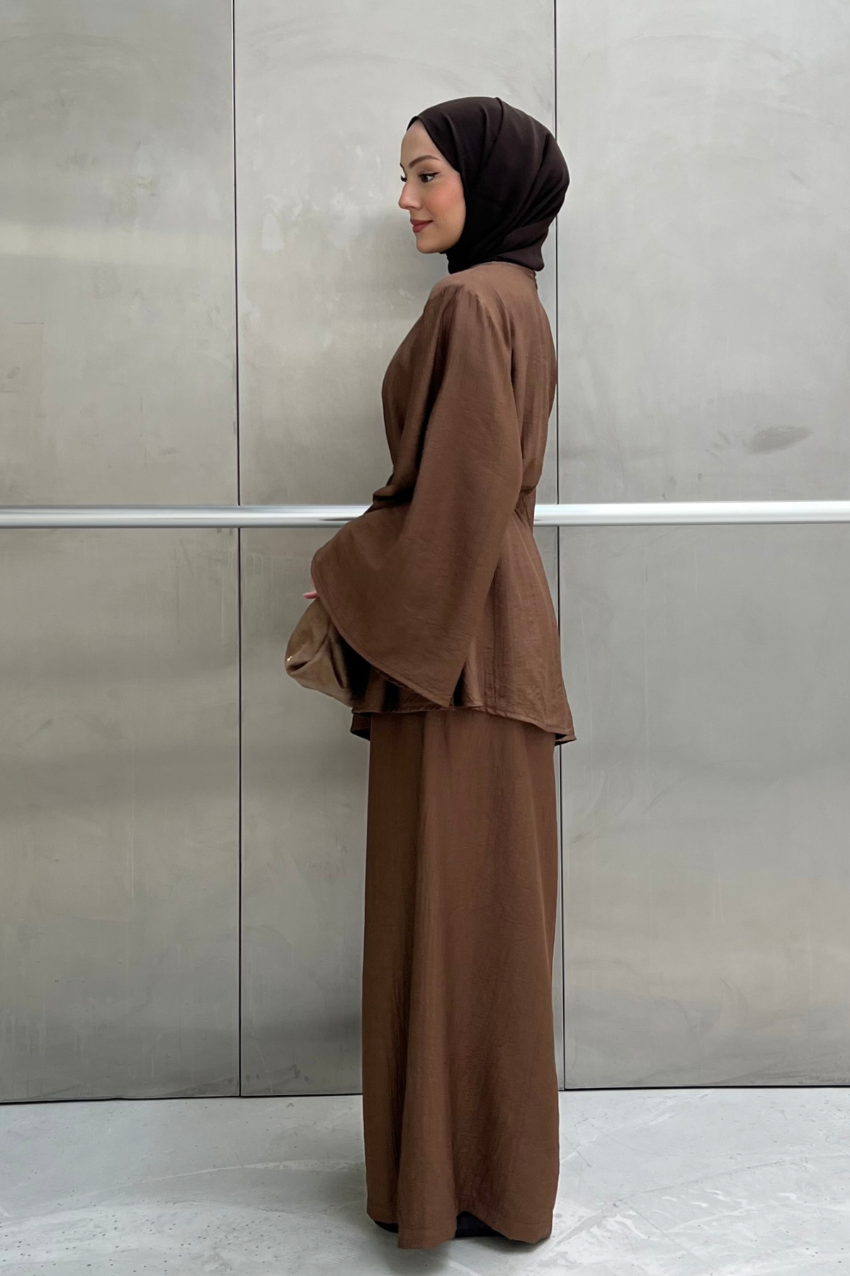 Asymmetric Tunic Top & Wide-Leg Trousers Set — Kahve