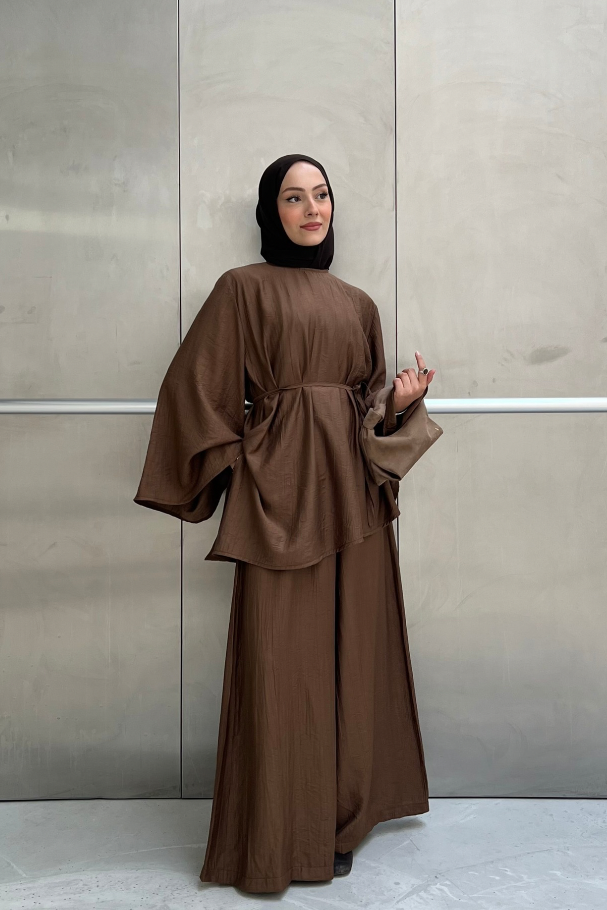 Asymmetric Tunic Top & Wide-Leg Trousers Set — Kahve
