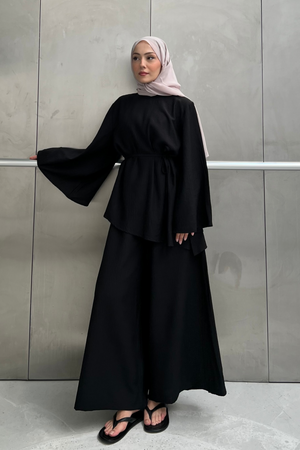 Asymmetric Tunic Top & Wide-Leg Trousers Set — Siyah
