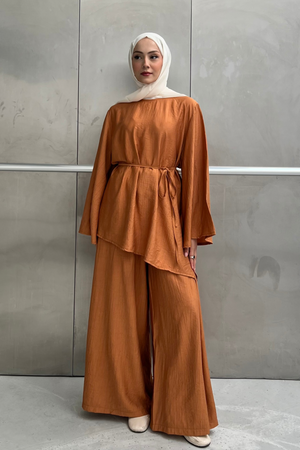 Asymmetric Tunic Top & Wide-Leg Trousers Set — Turuncu