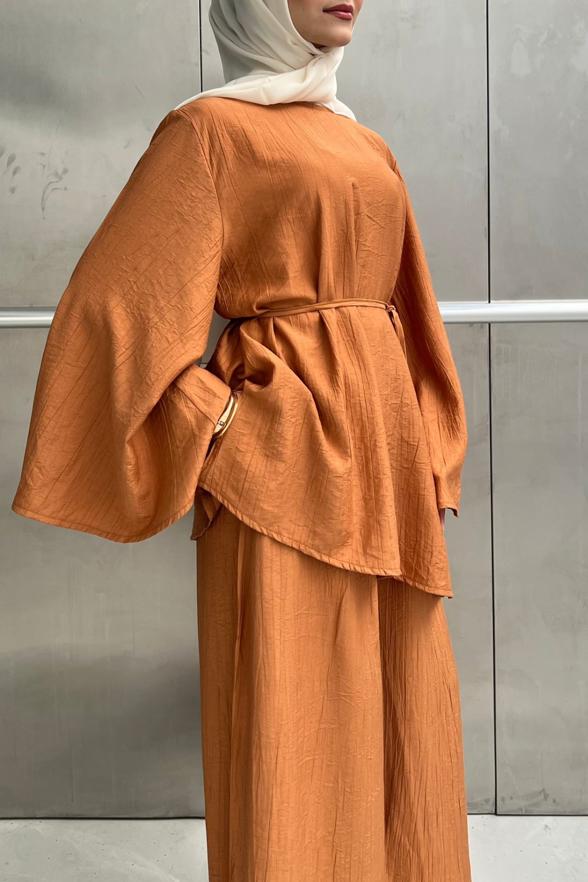Asymmetric Tunic Top & Wide-Leg Trousers Set — Turuncu
