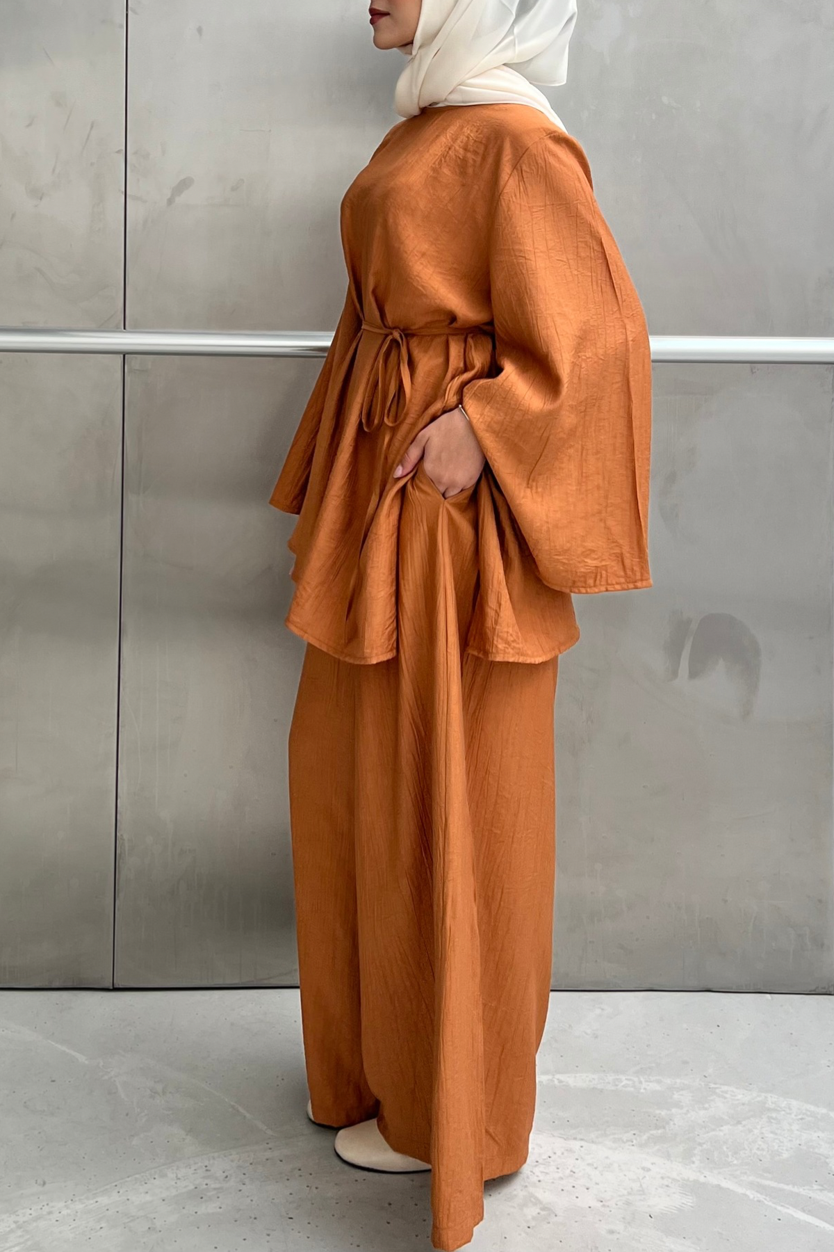 Asymmetric Tunic Top & Wide-Leg Trousers Set — Turuncu
