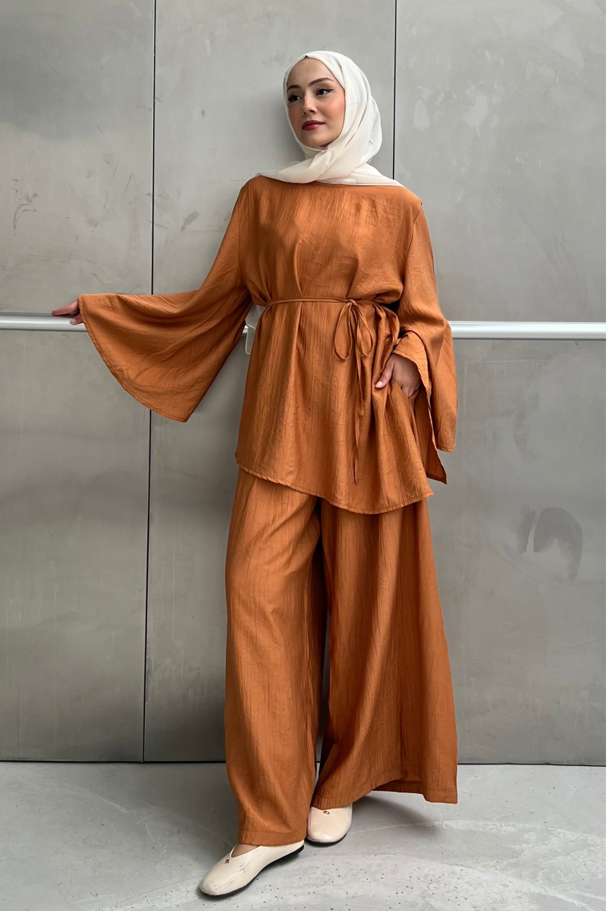 Asymmetric Tunic Top & Wide-Leg Trousers Set — Turuncu