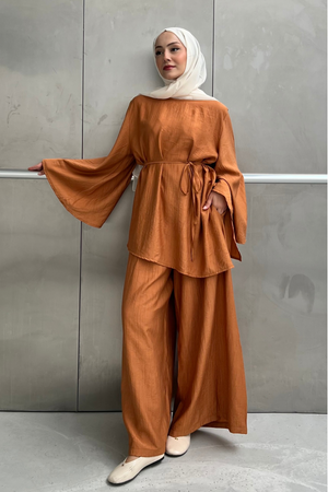 Asymmetric Tunic Top & Wide-Leg Trousers Set — Turuncu
