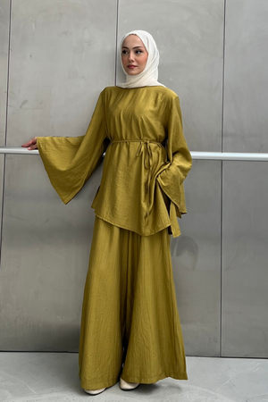 Asymmetric Tunic Top & Wide-Leg Trousers Set — Yesil