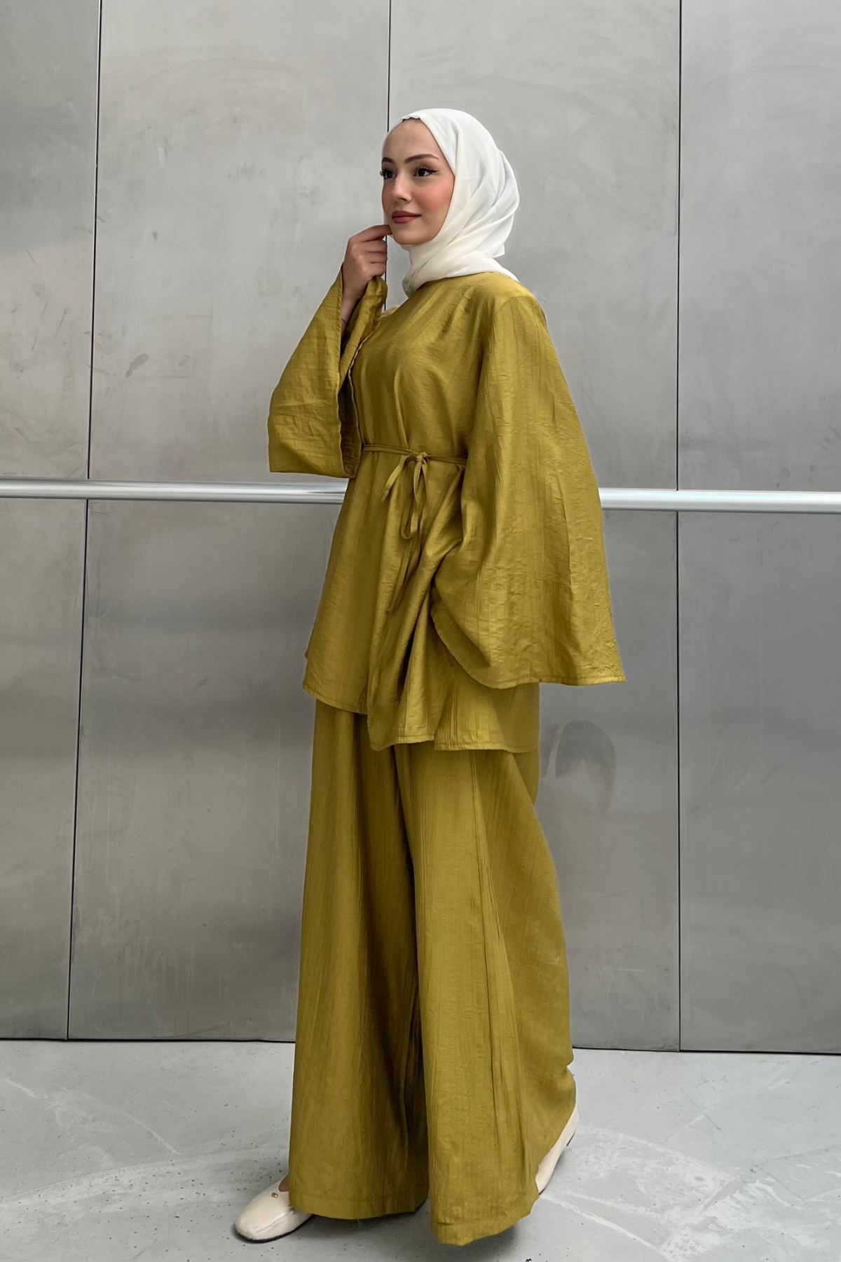 Asymmetric Tunic Top & Wide-Leg Trousers Set — Yesil