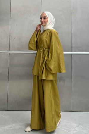 Asymmetric Tunic Top & Wide-Leg Trousers Set — Yesil