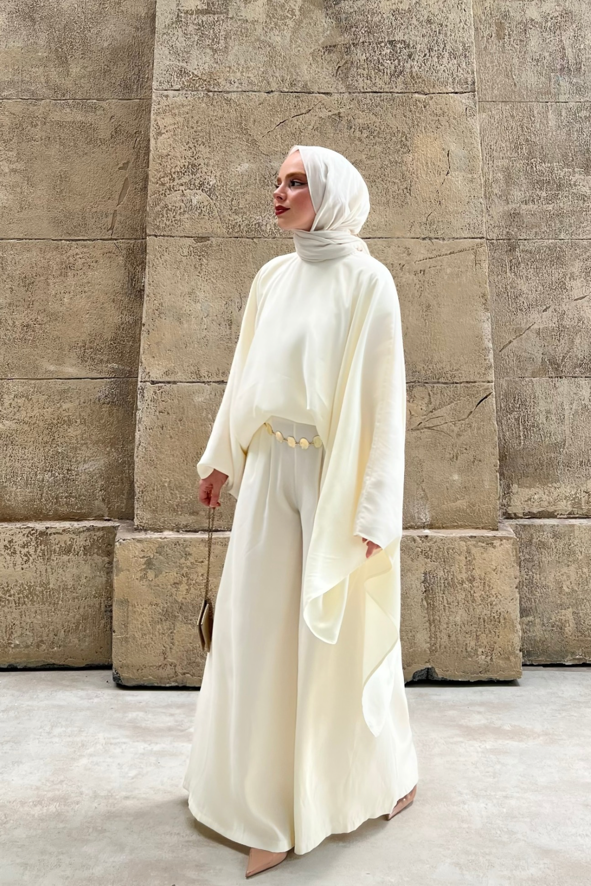 Asymmetric Tencel Set with Flowing Tunic & Wide Trousers — Ekru
