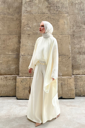 Asymmetric Tencel Set with Flowing Tunic & Wide Trousers — Ekru