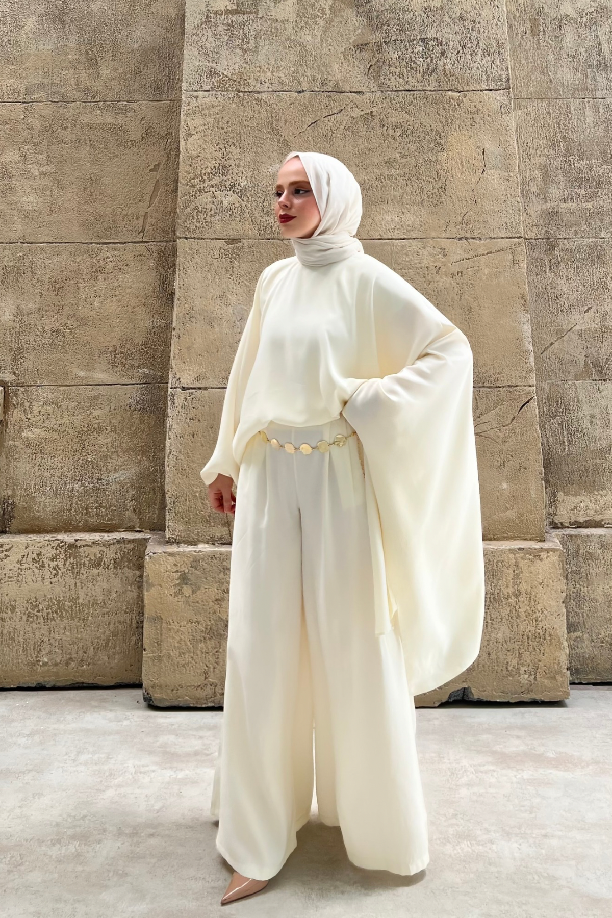 Asymmetric Tencel Set with Flowing Tunic & Wide Trousers — Ekru