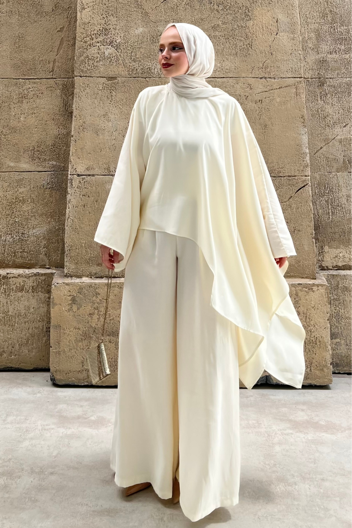 Asymmetric Tencel Set with Flowing Tunic & Wide Trousers — Ekru