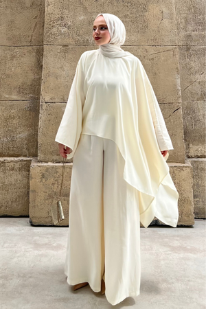 Asymmetric Tencel Set with Flowing Tunic & Wide Trousers — Ekru