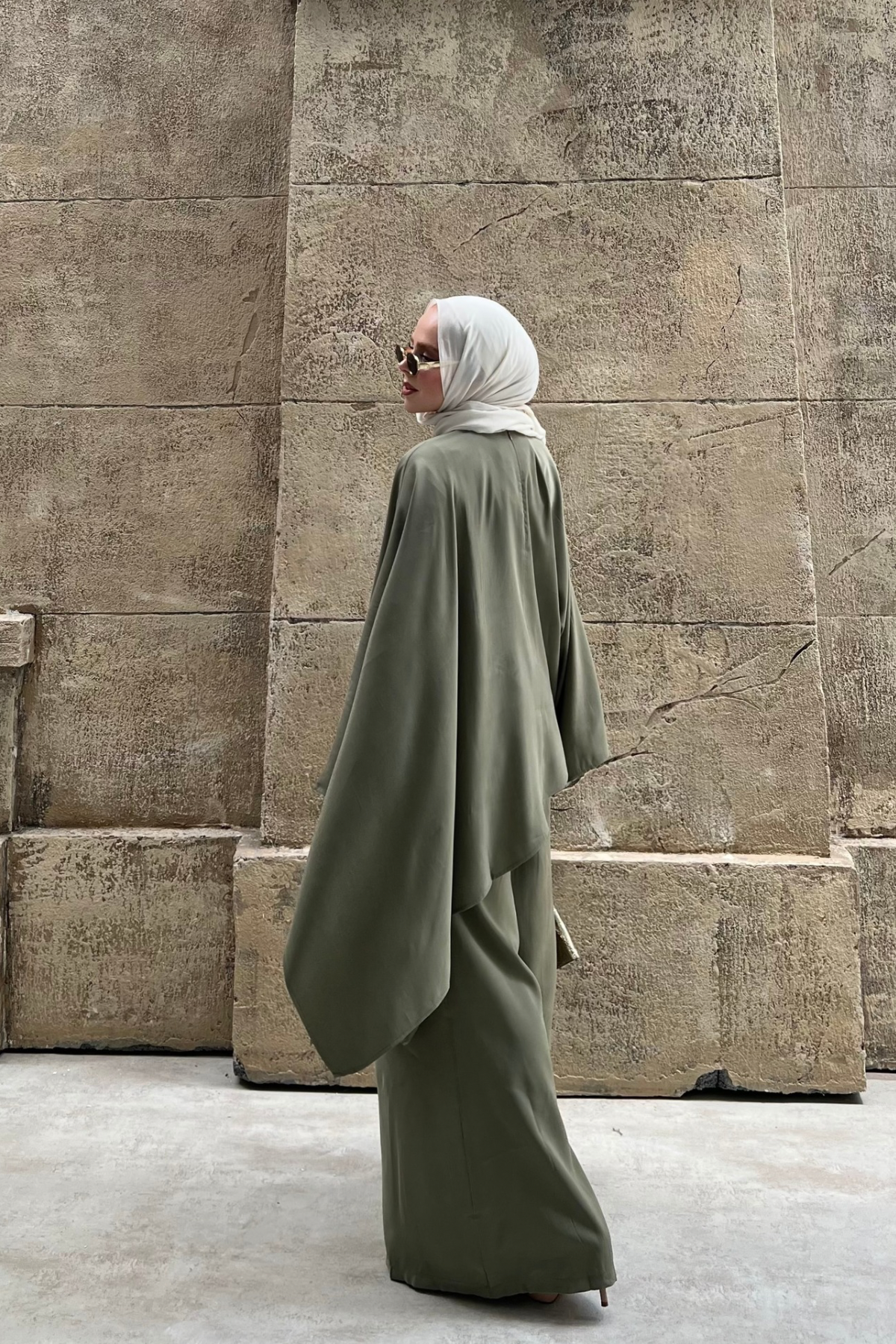 Asymmetric Tencel Set with Flowing Tunic & Wide Trousers — Yesil