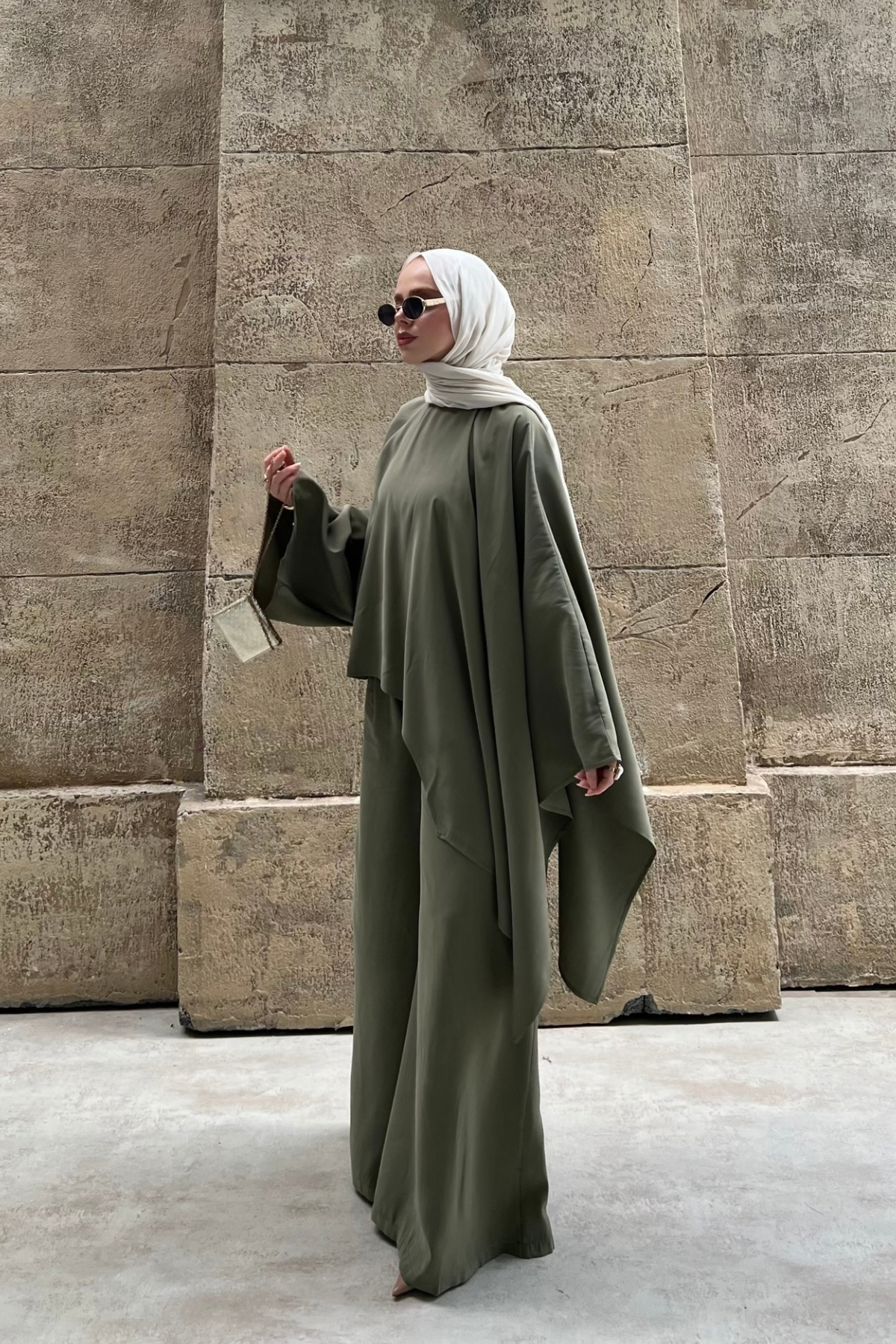 Asymmetric Tencel Set with Flowing Tunic & Wide Trousers — Yesil