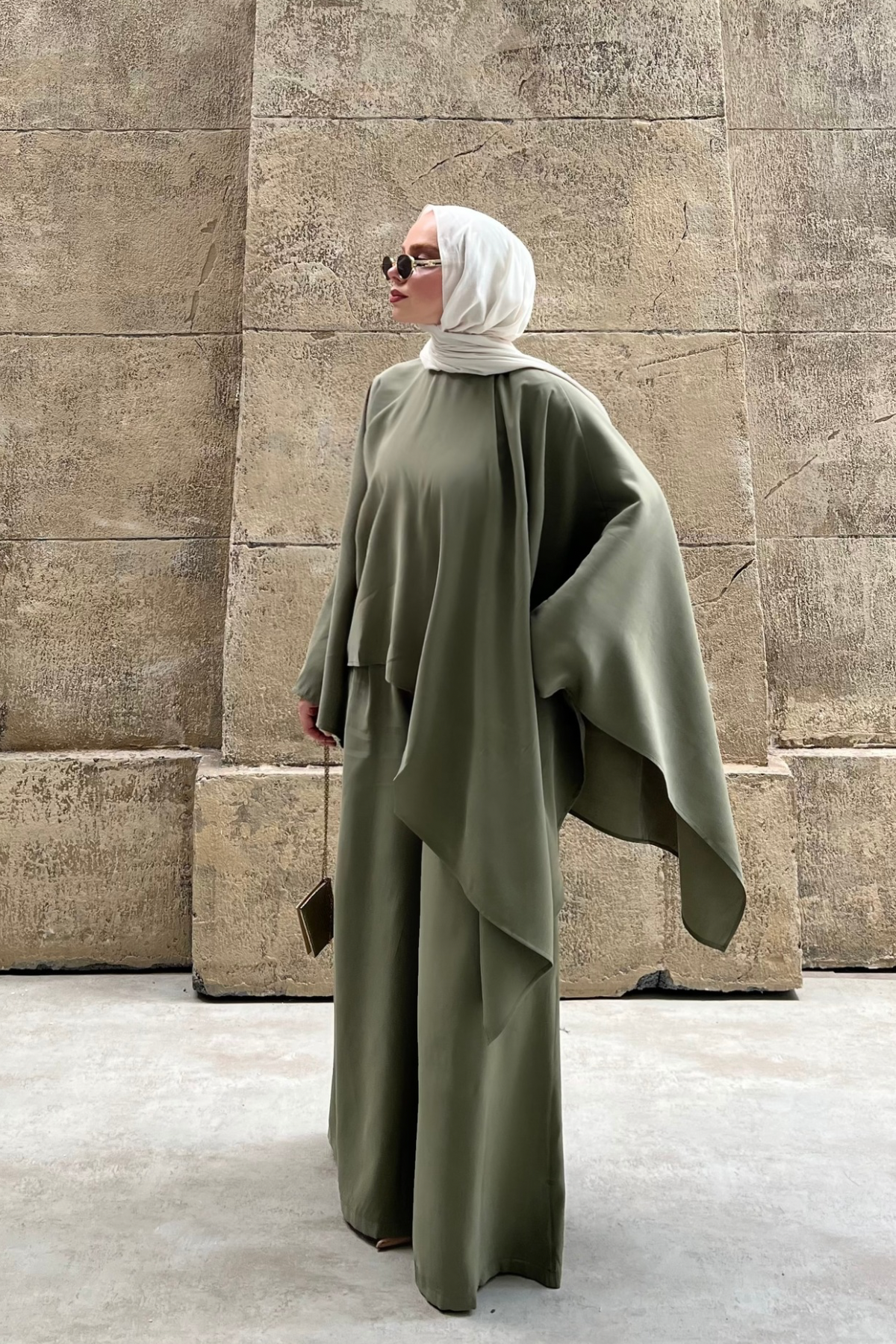Asymmetric Tencel Set with Flowing Tunic & Wide Trousers — Yesil