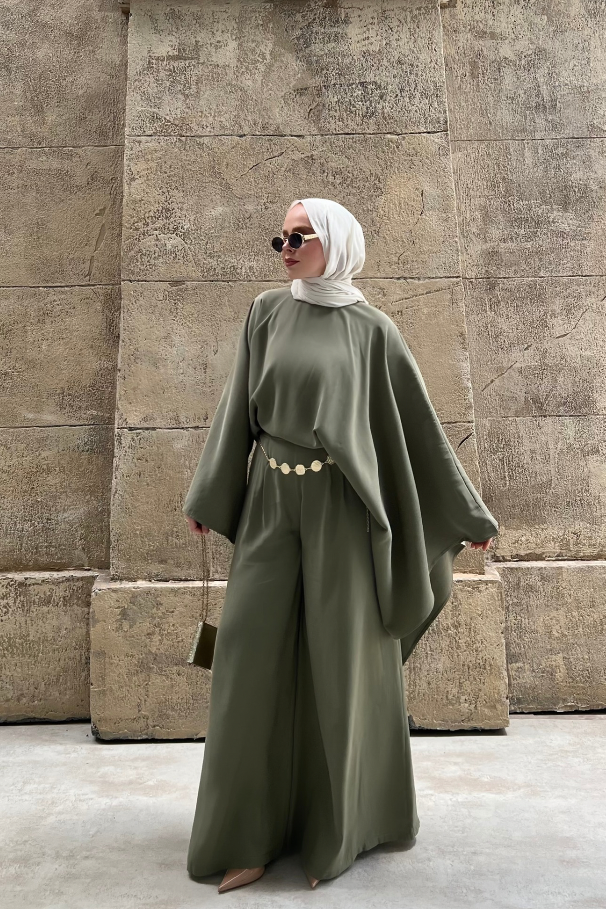 Asymmetric Tencel Set with Flowing Tunic & Wide Trousers — Yesil