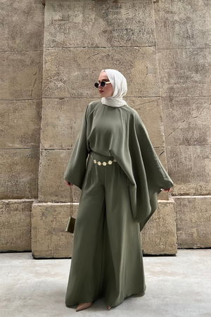 Asymmetric Tencel Set with Flowing Tunic & Wide Trousers — Yesil
