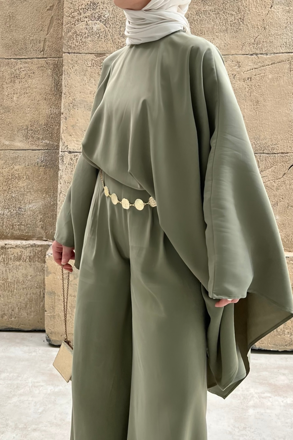 Asymmetric Tencel Set with Flowing Tunic & Wide Trousers — Yesil