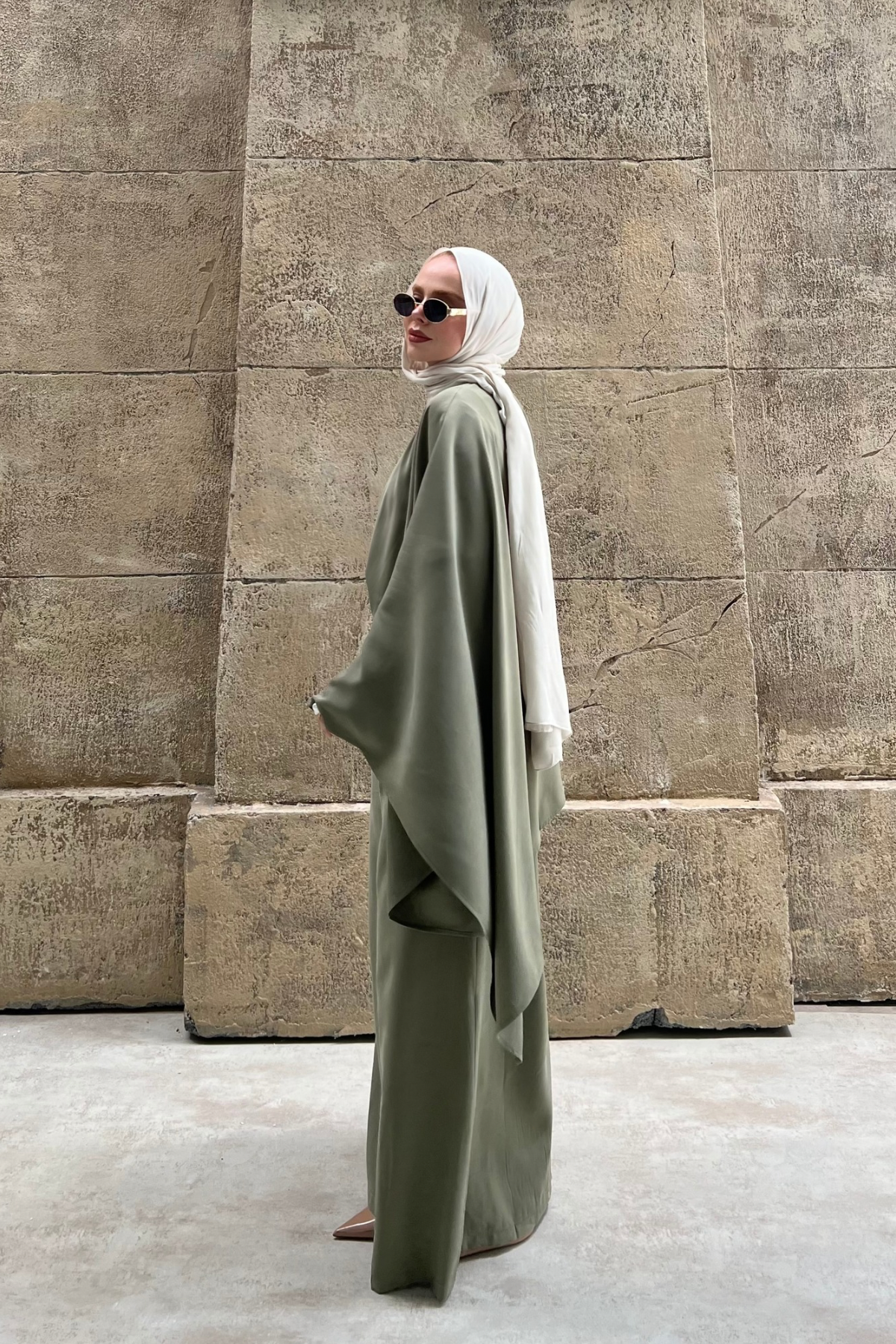 Asymmetric Tencel Set with Flowing Tunic & Wide Trousers — Yesil