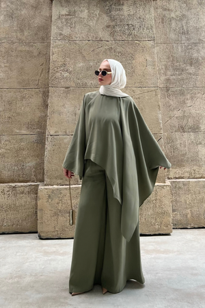 Asymmetric Tencel Set with Flowing Tunic & Wide Trousers — Yesil