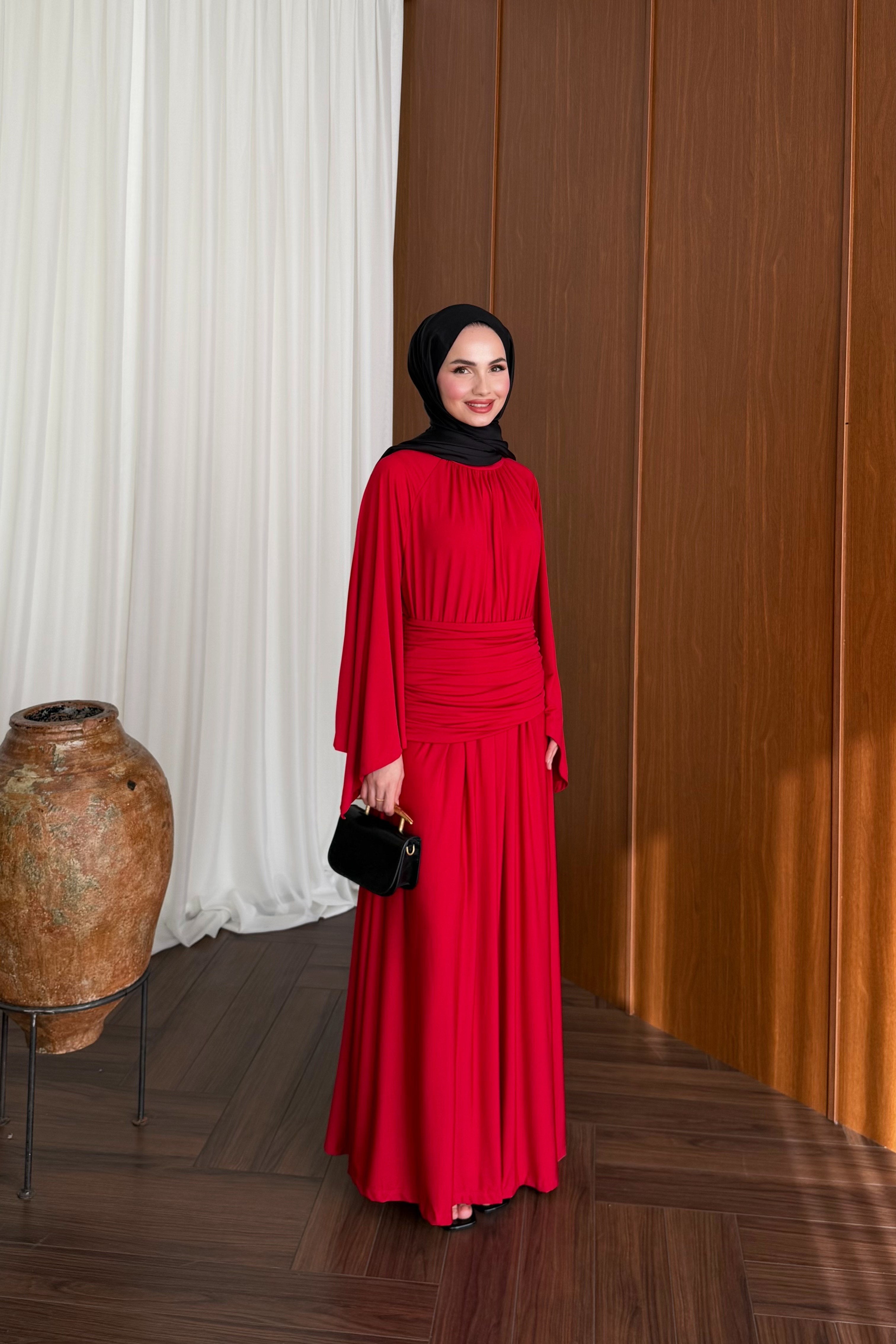 Elegant Draped Maxi Dress with Wide Sleeves and Back Zipper — KIRMIZI