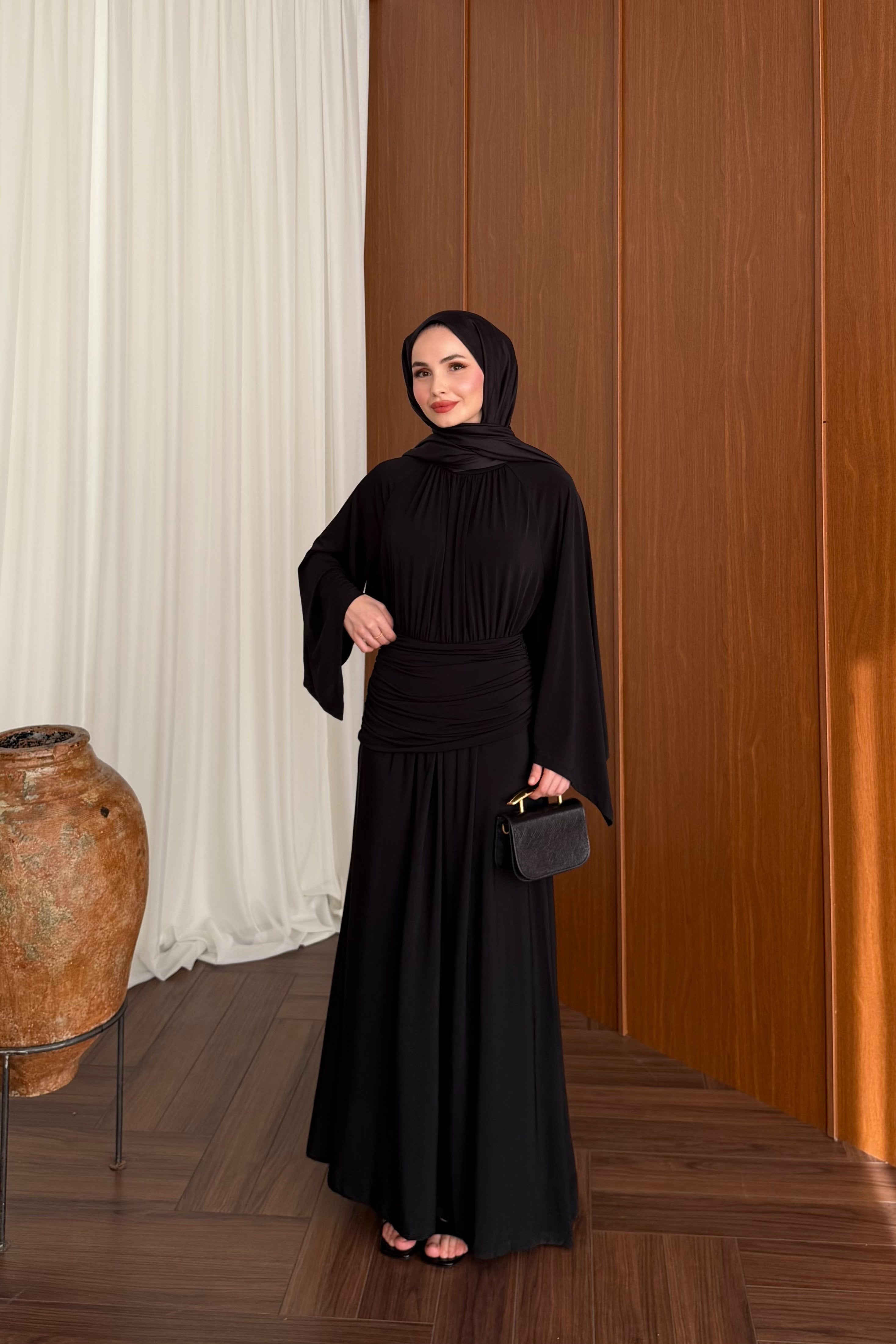 Elegant Draped Maxi Dress with Wide Sleeves and Back Zipper — SİYAH