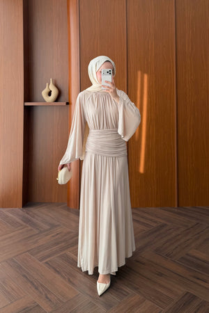Elegant Draped Maxi Dress with Wide Sleeves and Back Zipper — TAŞ