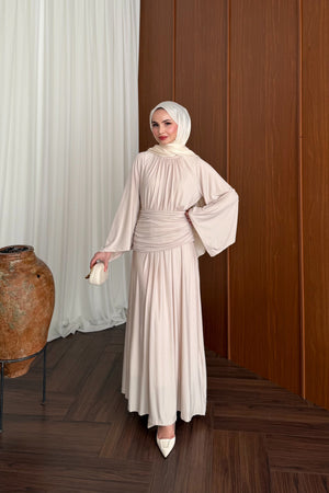 Elegant Draped Maxi Dress with Wide Sleeves and Back Zipper — TAŞ