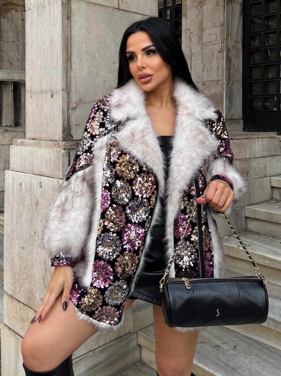 Fur Coat with Sequin Details
