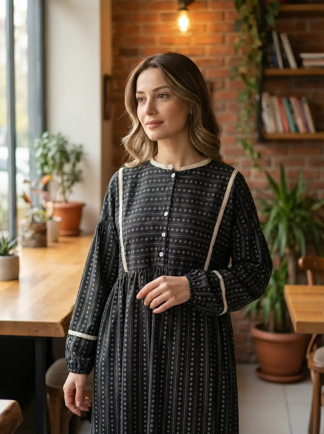 Flowing Muslin  Dress with Modest Cut and Lace Trim