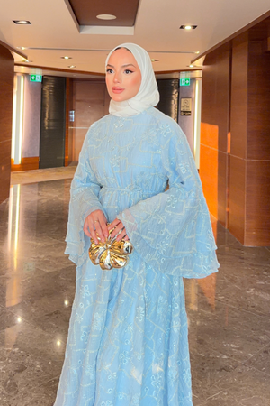 Modest Maxi Dress with Embroidered Tulle and Bell Sleeves — Bebe Mavi