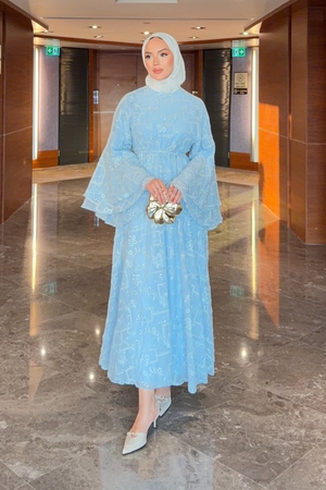 Modest Maxi Dress with Embroidered Tulle and Bell Sleeves — Bebe Mavi