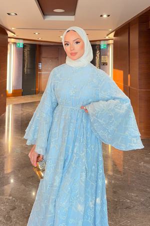 Modest Maxi Dress with Embroidered Tulle and Bell Sleeves — Bebe Mavi