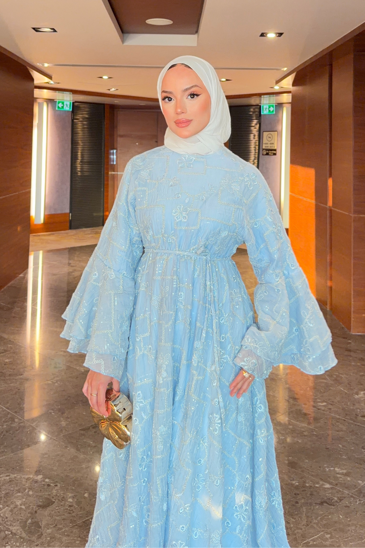 Modest Maxi Dress with Embroidered Tulle and Bell Sleeves — Bebe Mavi