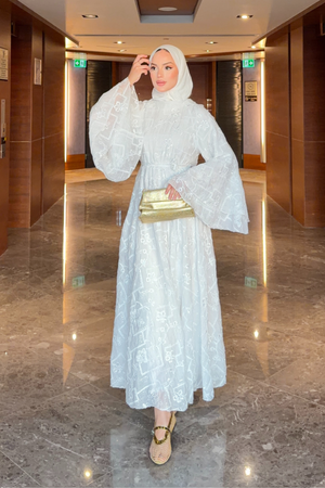 Modest Maxi Dress with Embroidered Tulle and Bell Sleeves — Beyaz