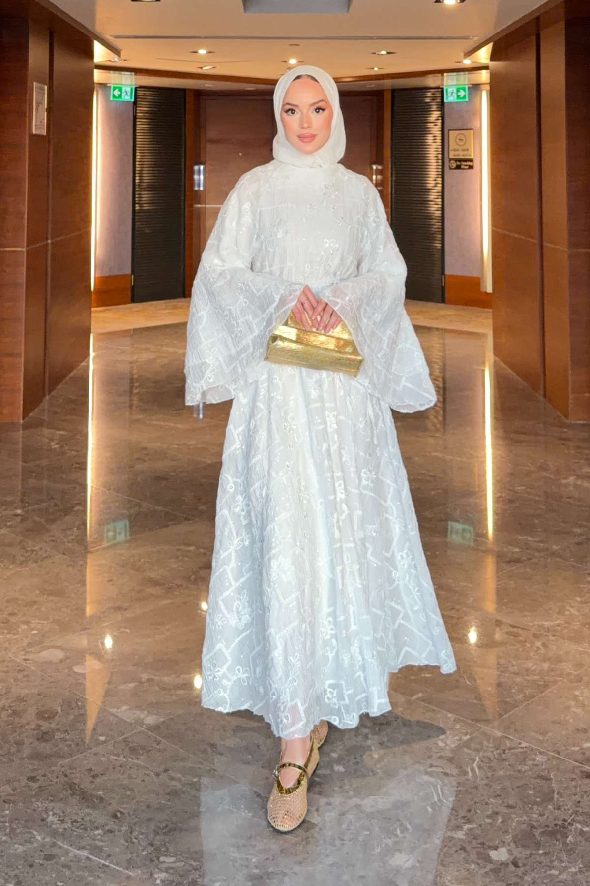 Modest Maxi Dress with Embroidered Tulle and Bell Sleeves — Beyaz