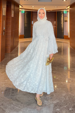 Modest Maxi Dress with Embroidered Tulle and Bell Sleeves — Beyaz