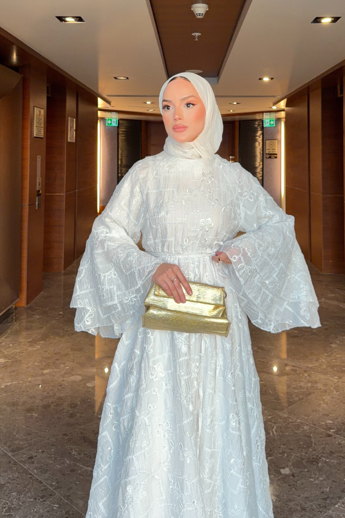Modest Maxi Dress with Embroidered Tulle and Bell Sleeves — Beyaz