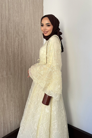 Modest Maxi Dress with Embroidered Tulle and Bell Sleeves — Ekru